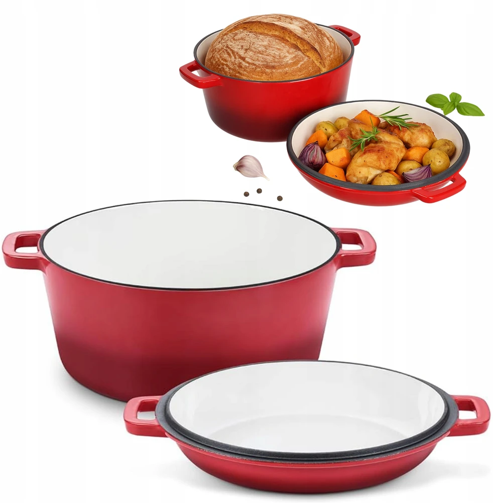 Krisber SOLID Emaliuotas puodas, ketaus, RAUDONA, 2in1, 4,8L kepimo skarda, su RAUDONU DANGIU