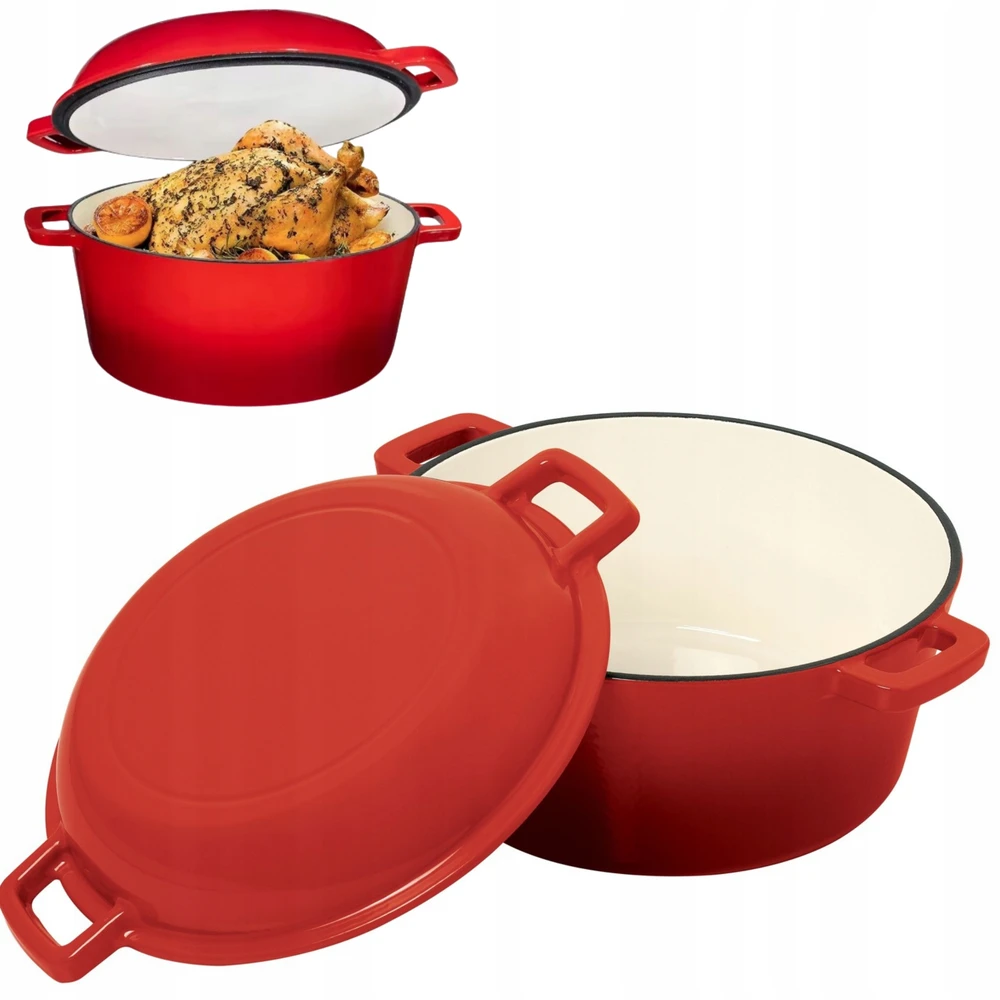 Krisber SOLID Emaliuotas puodas, ketaus, RAUDONA, 2in1, 4,8L kepimo skarda, su RAUDONU DANGIU