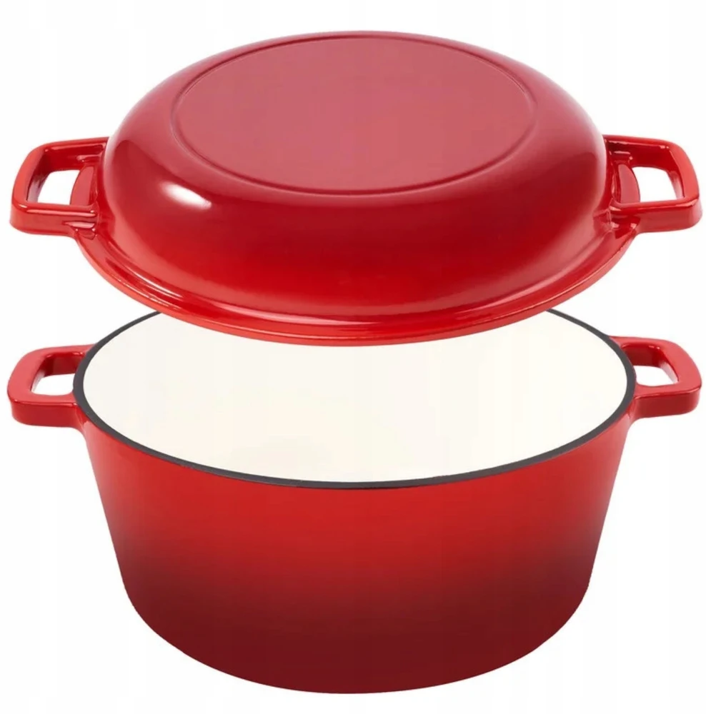 Krisber SOLID Emaliuotas puodas, ketaus, RAUDONA, 2in1, 4,8L kepimo skarda, su RAUDONU DANGIU