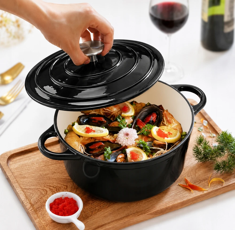 Krisberg Emaliuotas KETUS PUODAS 5,9L Emaliuotas su dangteliu INDUKCINĖ DUJINĖ ORŠINĖ 28cm