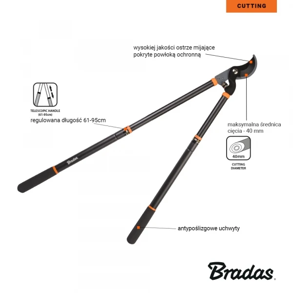 Bradas Krūmų genėjimo žirklės, teleskopinės, 61–95 cm ilgio, KT-V1210