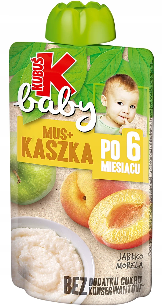 KUBUŚ Kūdikių obuolių abrikosų košė 100g Sveikas maistingas desertas vaikams