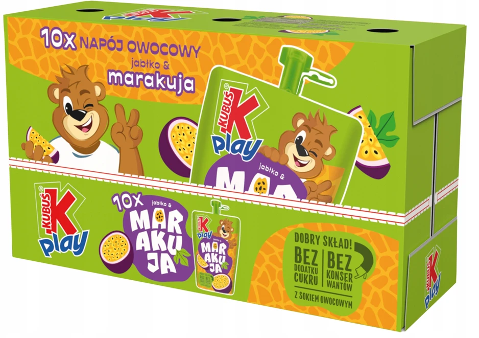 KUBUŚ PLAY obuolių pasiflorų gėrimas 61% vaisių 10x 200ml