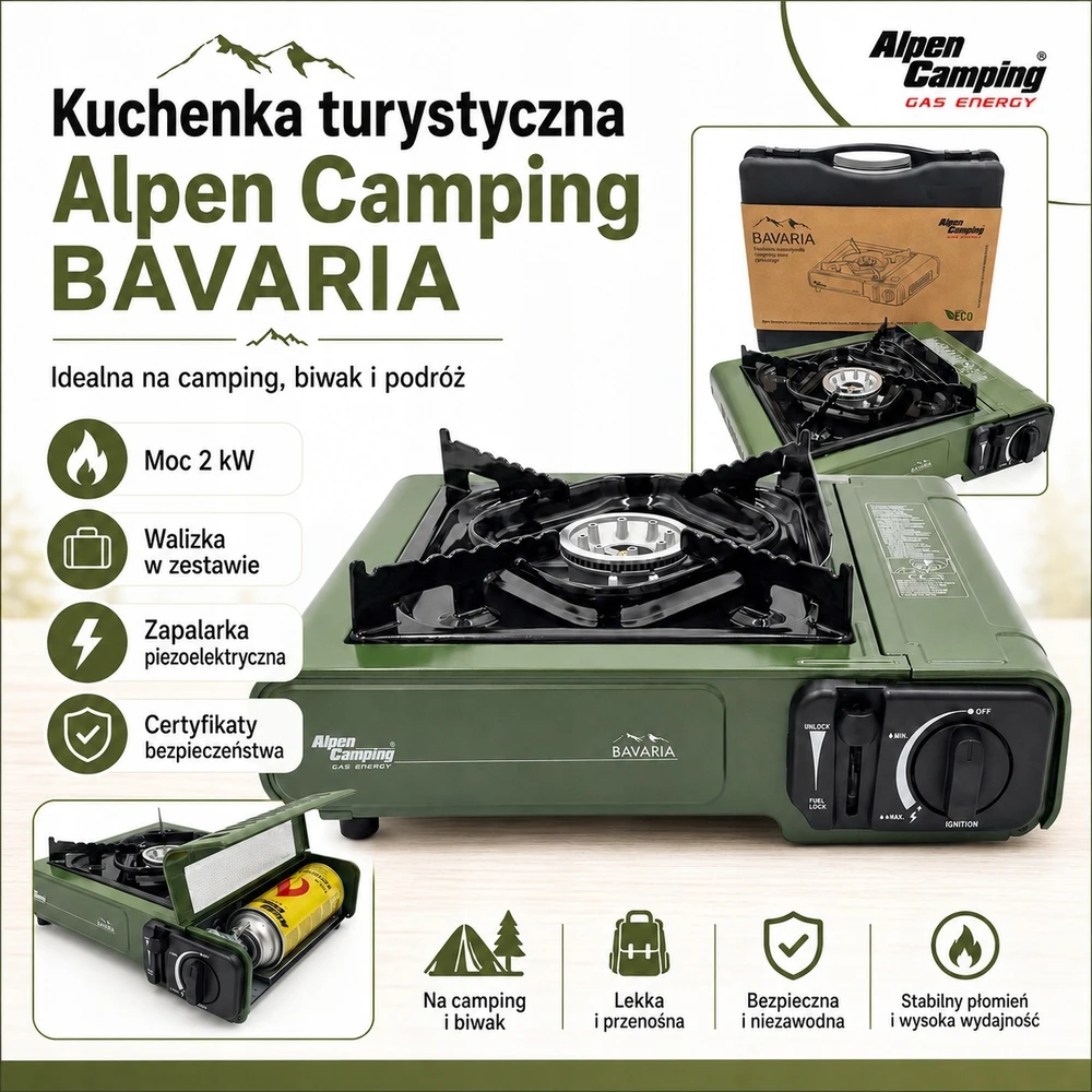 Kuchenka przenośna Turystyczna Alpen Camping Bavaria 2000 W žalia dėklas