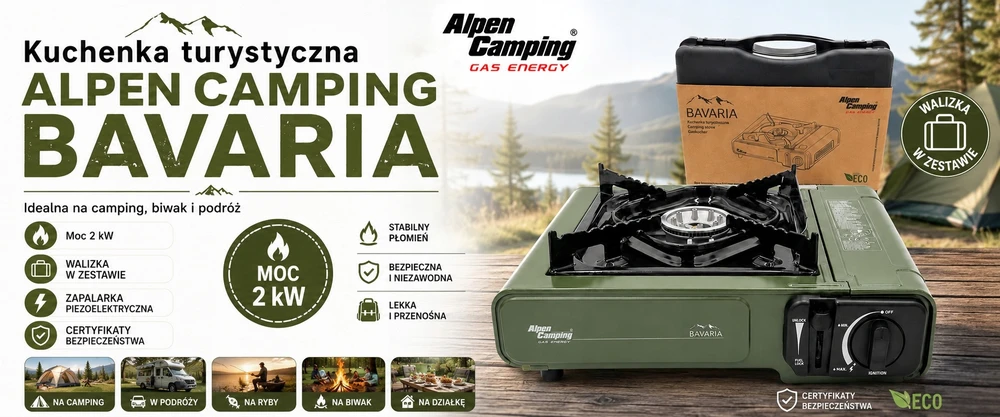 Kuchenka przenośna Turystyczna Alpen Camping Bavaria 2000 W žalia dėklas