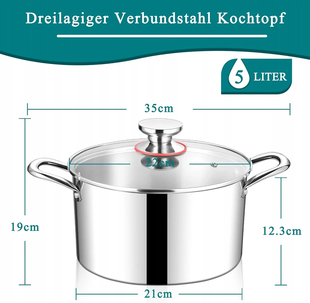 Kuchenne INDUKCINIS GAMYBOS PUODAS 22cm 4,8L 3 sluoksnių plieno dangtis