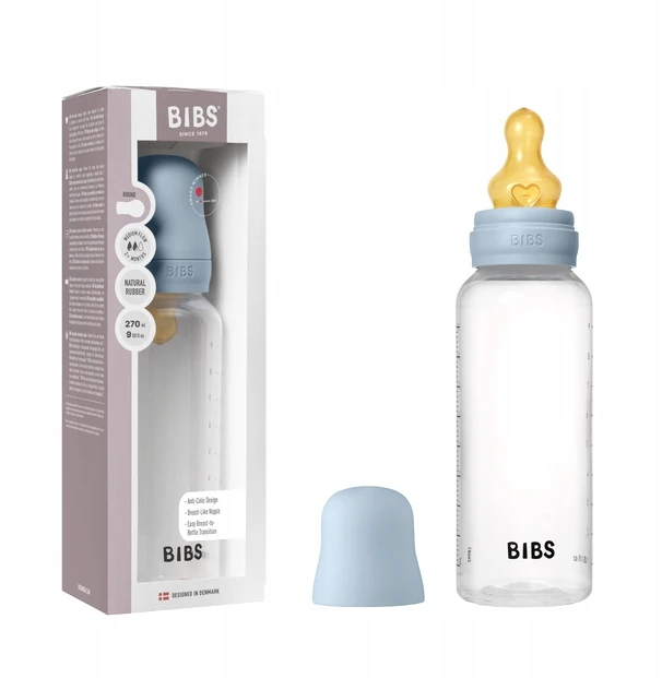 BIBS plastikinis buteliukas nuo dieglių 270 ml (Baby Mėlyna) pilnas komplektas