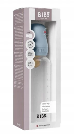 BIBS plastikinis buteliukas nuo dieglių 270 ml (Baby Mėlyna) pilnas komplektas
