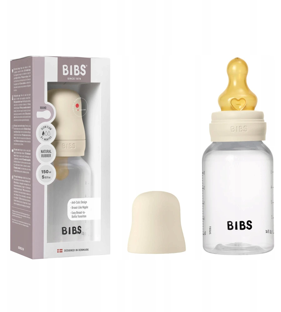BIBS plastikinis buteliukas nuo dieglių 150 ml (Ivory) pilnas komplektas