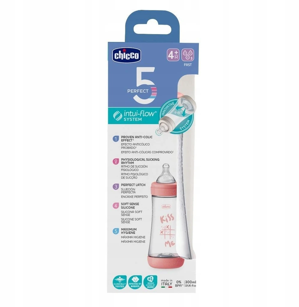 Chicco Baby Bottle Perfect5 4Chicco Baby Bottle Perfect 4M+ buteliukas kūdikiams 300ml Silicone Rožinė