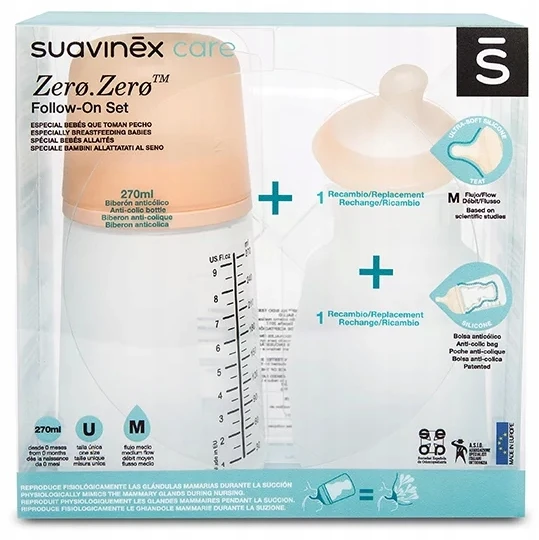 Kūdikių buteliukas SUAVINEX Zero.Zero rinkinys nuo dieglių 270 ml vidutinė tėkmė
