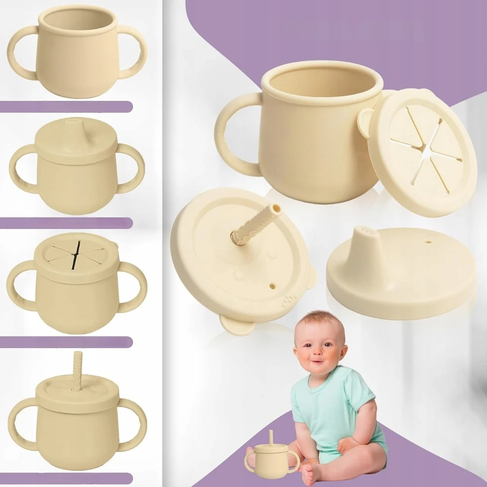 Kūdikių maitinimo rinkinys Lėkštė, puodelis, indai, seilinukas, silikoninis QV