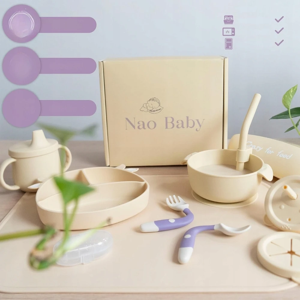 Kūdikių maitinimo rinkinys Lėkštė, puodelis, indai, seilinukas, silikoninis QV