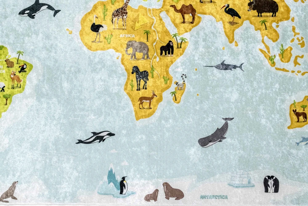 Kupdywan Dywan Dziecięcy MAPA Świata KONTYNENTY ZOO ANTYPOŚLIZGOWY 120x170