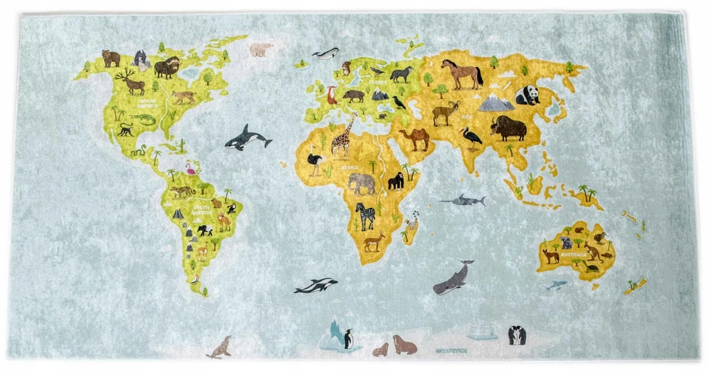 Kupdywan Dywan Dziecięcy MAPA Świata KONTYNENTY ZOO ANTYPOŚLIZGOWY 120x170