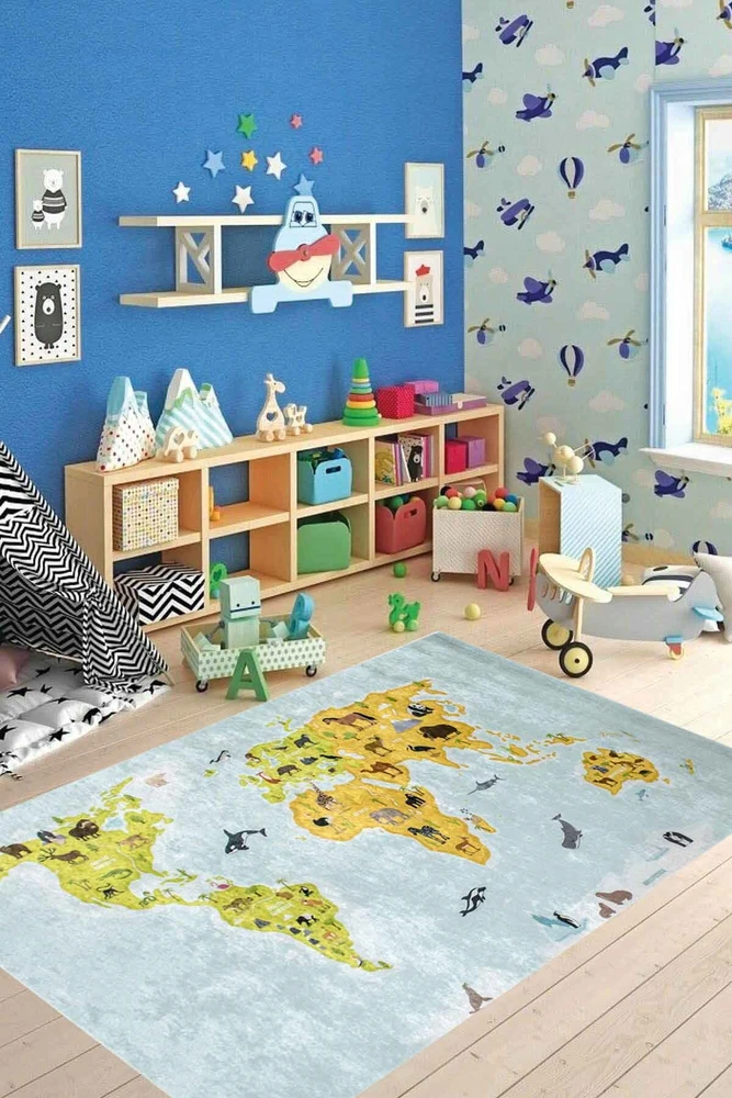 Kupdywan Dywan Dziecięcy MAPA Świata KONTYNENTY ZOO ANTYPOŚLIZGOWY 120x170