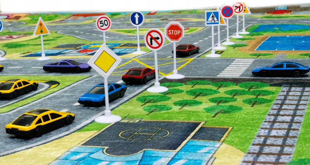 Kupdywan Vaikų kilimas Miesto Gatvės Maršrutai Automobiliai Moksliniai ženklai Neslystantys 80x150