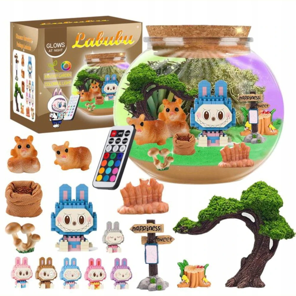 KŪRYBINIS LABUBU RINKINYS MAGICAL TERRARUIM LED NAKTINIS LEMPAS DOVANA VAIKAMS