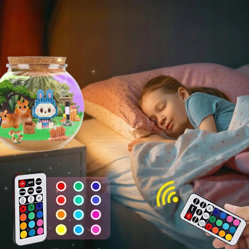 KŪRYBINIS LABUBU RINKINYS MAGICAL TERRARUIM LED NAKTINIS LEMPAS DOVANA VAIKAMS