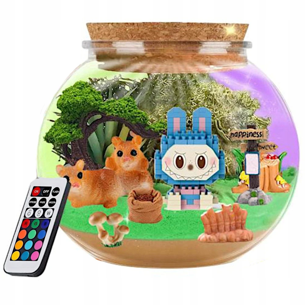 KŪRYBINIS LABUBU RINKINYS MAGICAL TERRARUIM LED NAKTINIS LEMPAS DOVANA VAIKAMS
