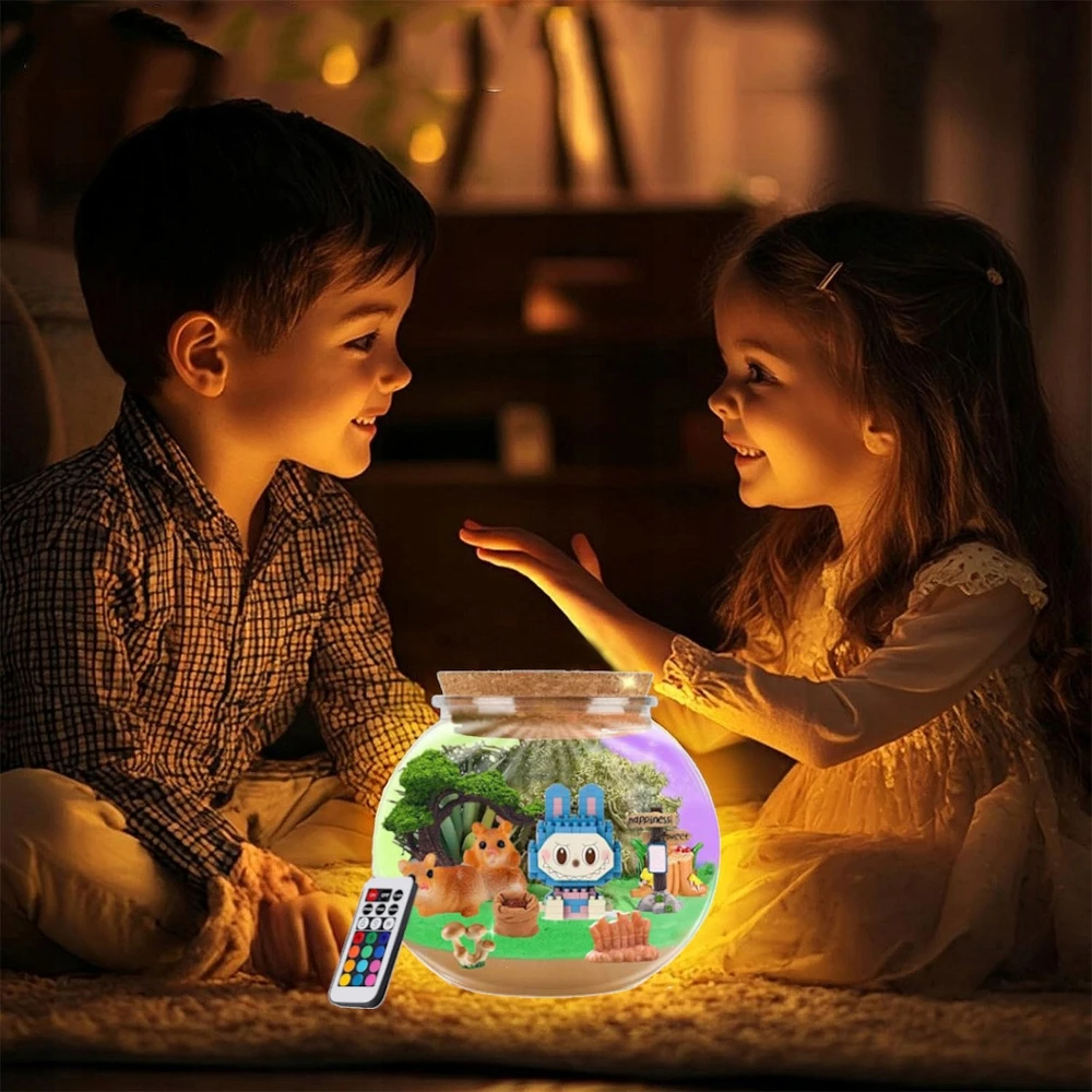KŪRYBINIS LABUBU RINKINYS MAGICAL TERRARUIM LED NAKTINIS LEMPAS DOVANA VAIKAMS