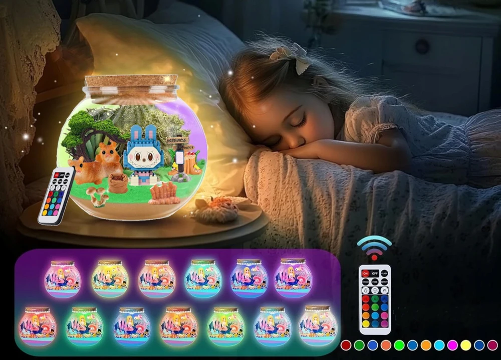 KŪRYBINIS LABUBU RINKINYS MAGICAL TERRARUIM LED NAKTINIS LEMPAS DOVANA VAIKAMS