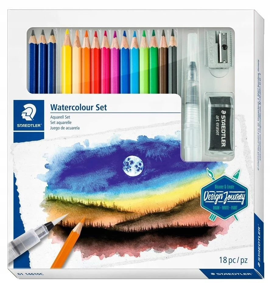 Kūrybinis rinkinys STAEDTLER 146 10C, 12 spalvotų pieštukų + 3 grafitiniai pieštukai, vandens teptukas, drožtukas