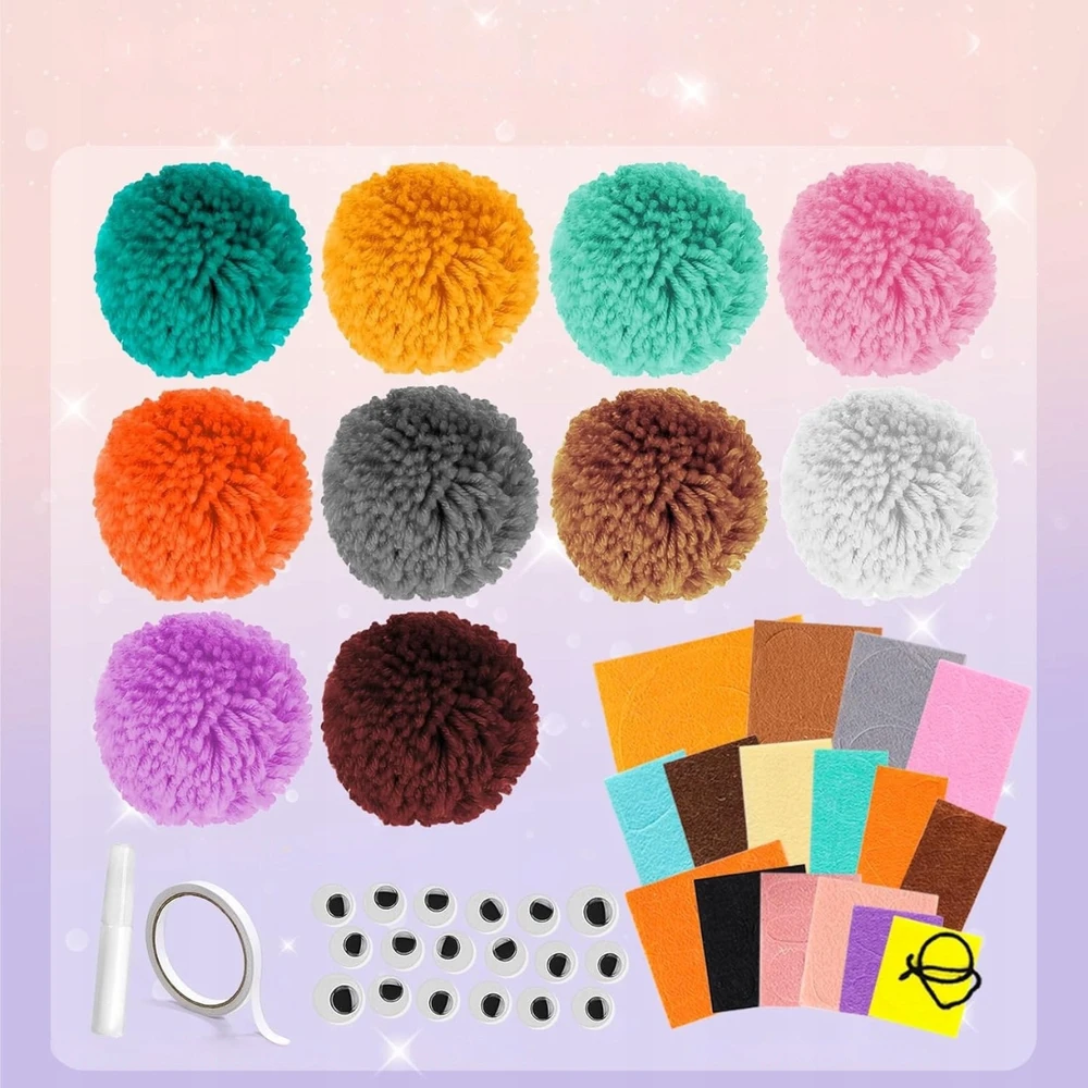 KŪRYBINIS RINKINYS VAIKAMS, DIY POMPOMS, PLASTIKAS, 10 POMPOMŲ, LINKSMUMAS, MOKYMASIS