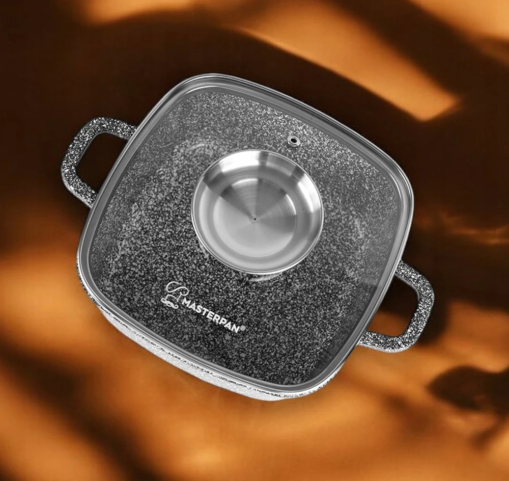 Kvadratinis puodas 28 cm. Granitas Masterpan MP-2110 su dangteliu