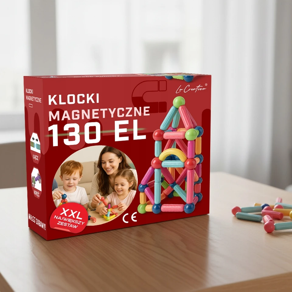 LaCreativa DIDELI MAGNETINIAI BLOKAI 3D 130 vienetu konstravimo delione vaikams XXL