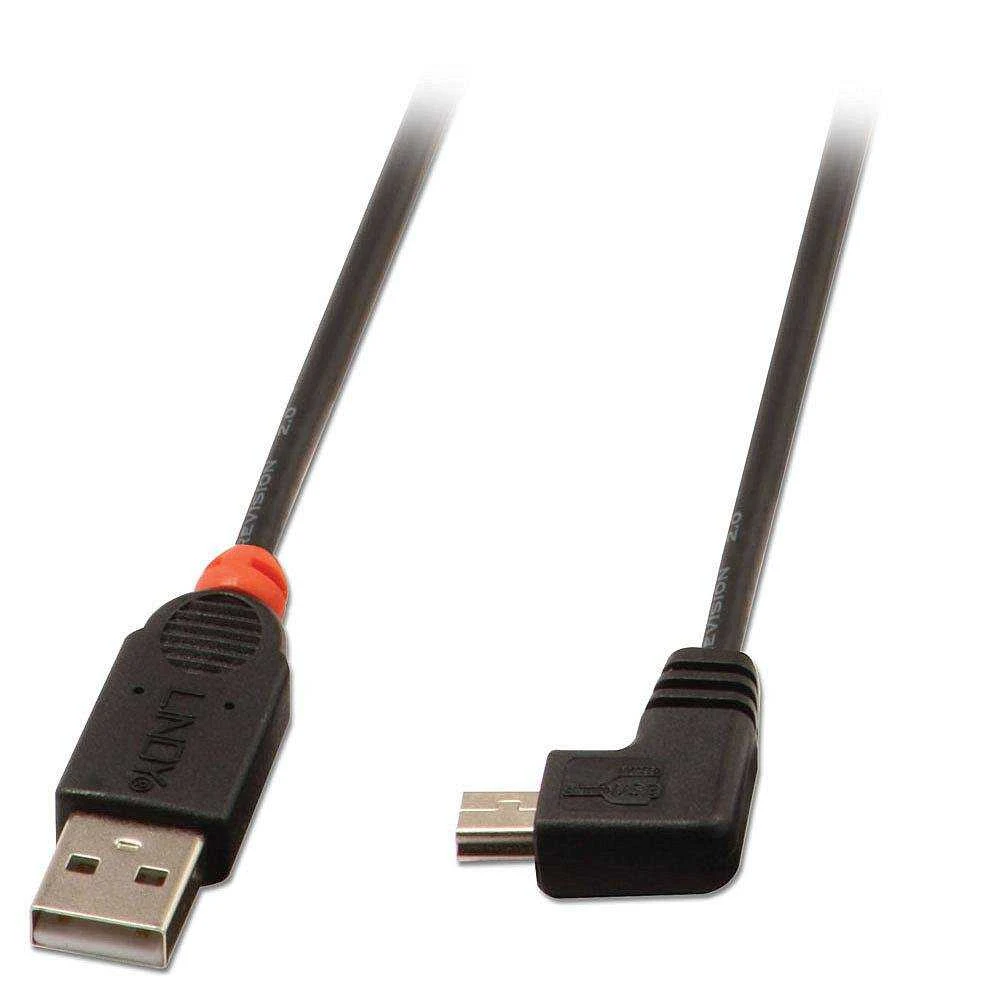 USB Kabelis - LINDY USB 2.0 Tipo A į Mini-B Laidas, 90 Laipsnių Dešinysis Kampas, M/M, 0.5 m, Juodas
