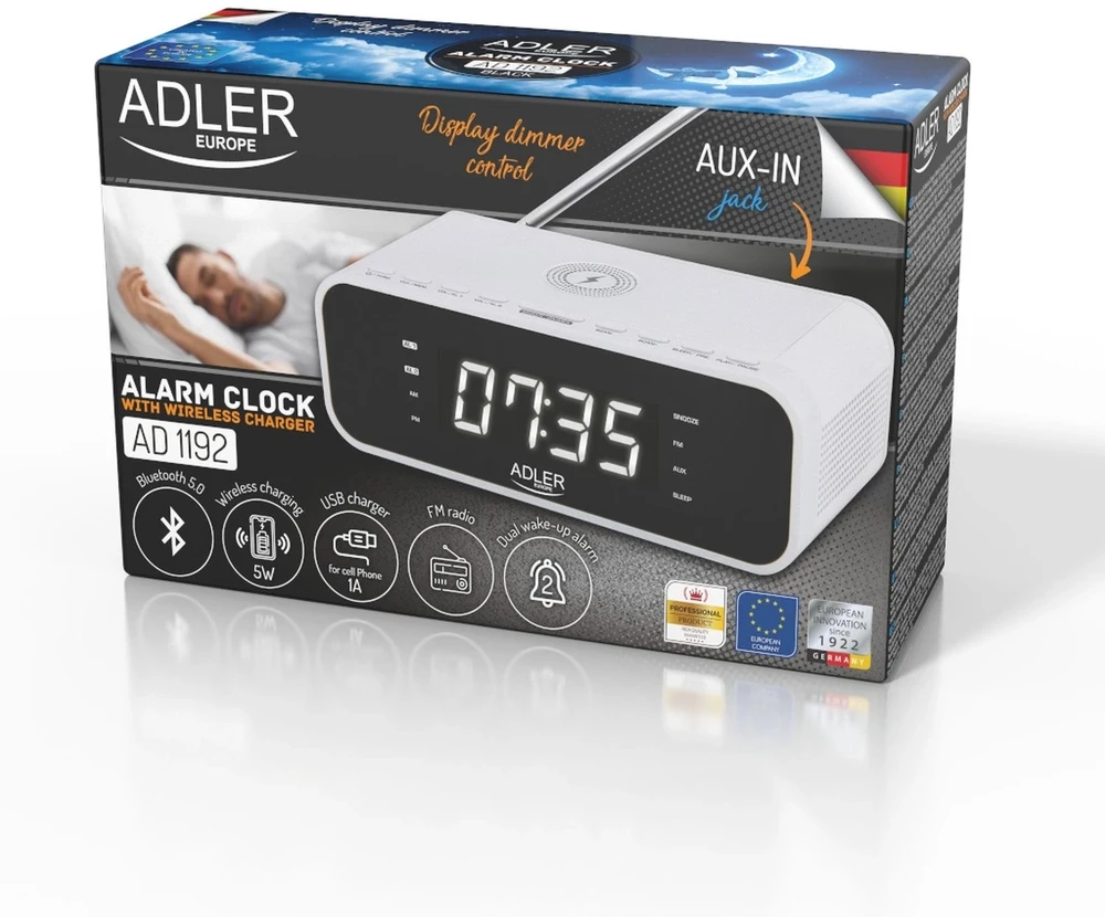 Adler | Žadintuvas su belaidžiu įkrovikliu | AD 1192W | Signalizacijos funkcija | AUX in | Baltas