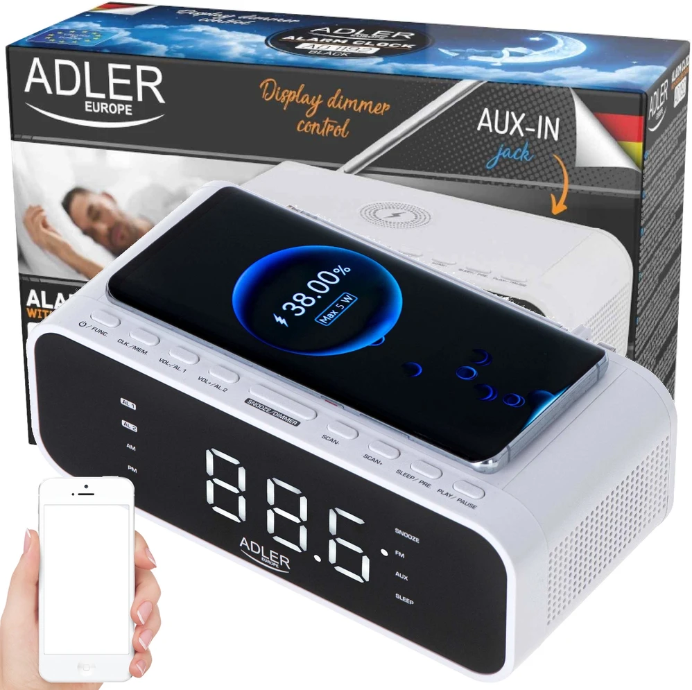 Adler | Žadintuvas su belaidžiu įkrovikliu | AD 1192W | Signalizacijos funkcija | AUX in | Baltas
