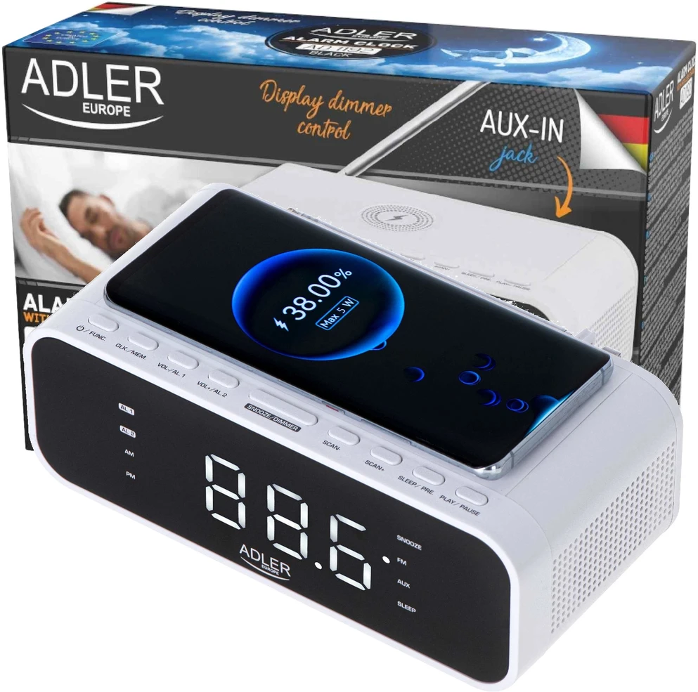 Adler | Žadintuvas su belaidžiu įkrovikliu | AD 1192W | Signalizacijos funkcija | AUX in | Baltas