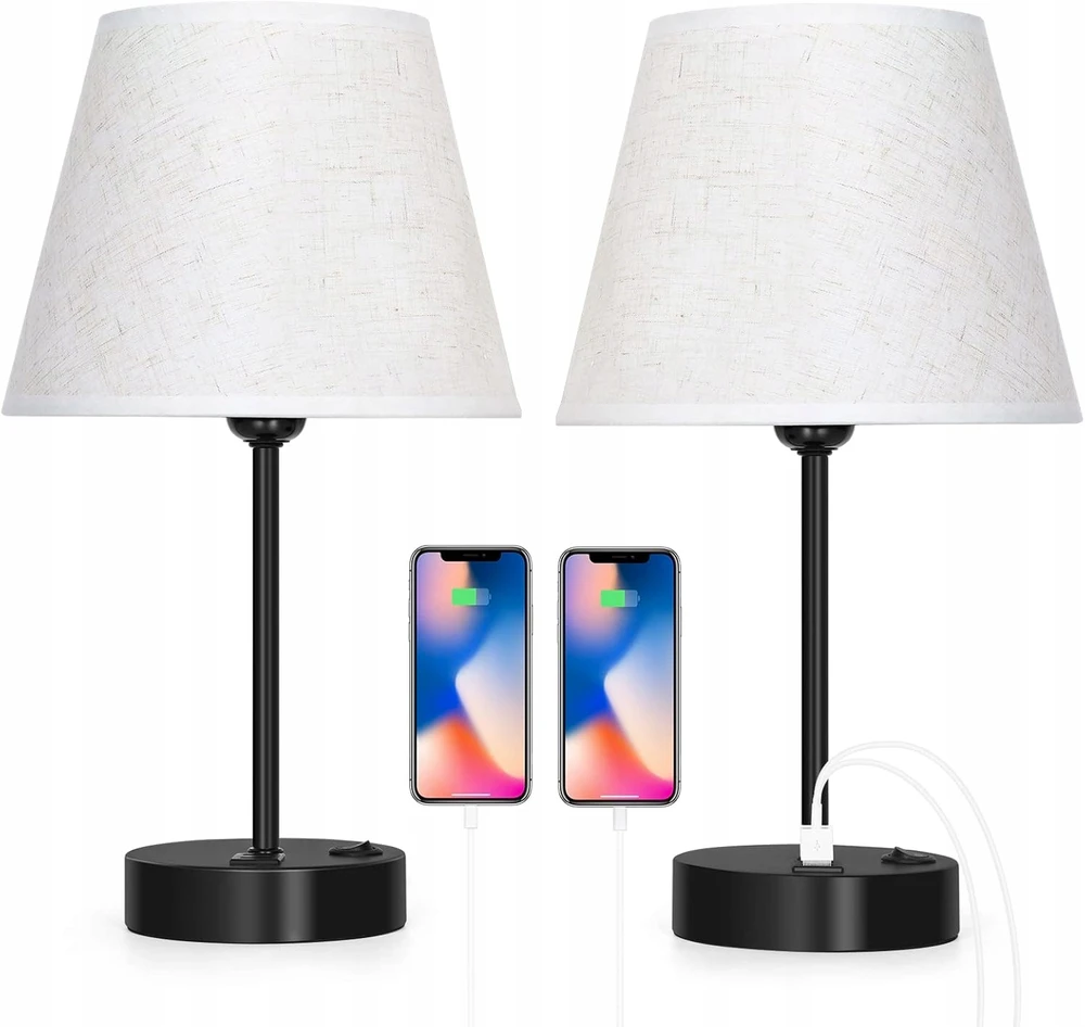 Lampa Rinkinys DWÓCH LAMPEK NOCNYCH Z DWOMA GNIAZDAMI USB I GNIAZDEM E27