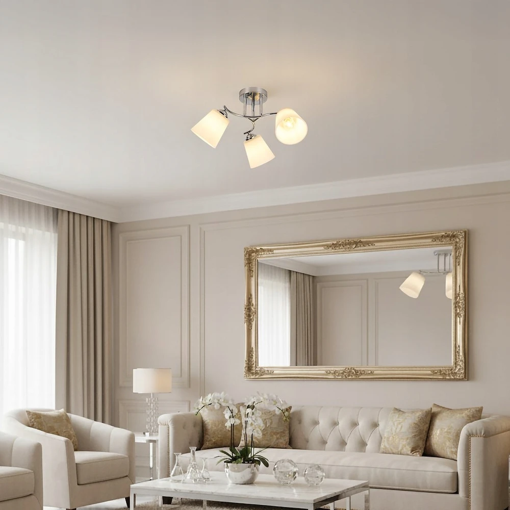 Lampa sufitowa 3 balta klosze chrom do sypilani salonu korytarz hotel
