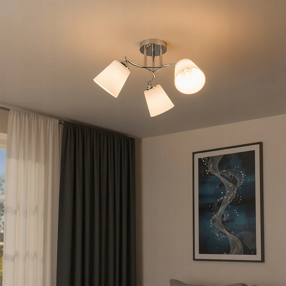 Lampa sufitowa 3 balta klosze chrom do sypilani salonu korytarz hotel