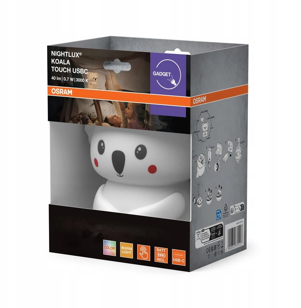 Lampka Nocna LED Dziecięca Koala RGBW USB C Dotykowa Akumulatorowa OSRAM
