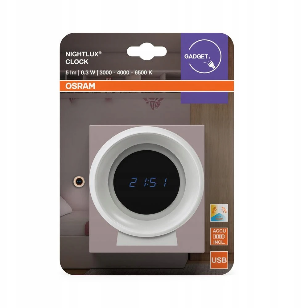 Lampka Nocna LED Dziecięca USB su Zegarem CCT 3000-6500K IP20 NIGHTLUX OSRAM