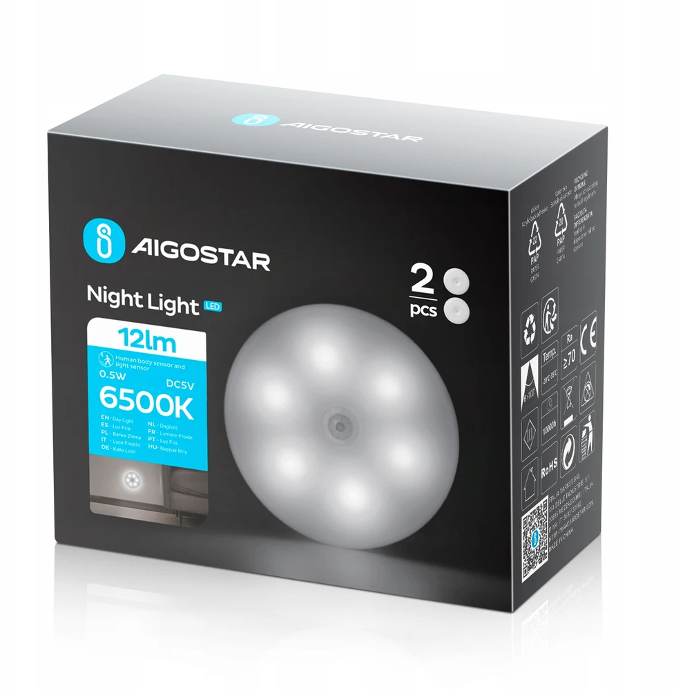 Lampka nocna Magnetyczna Aigostar su judesio jutikliu 6500K LED balta 2vnt..