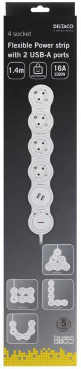 lankstus ilgiklis su 4 jungtimis, 1.4m, 16A 3500W, 2x USB-A DELTACO baltas / GT-290