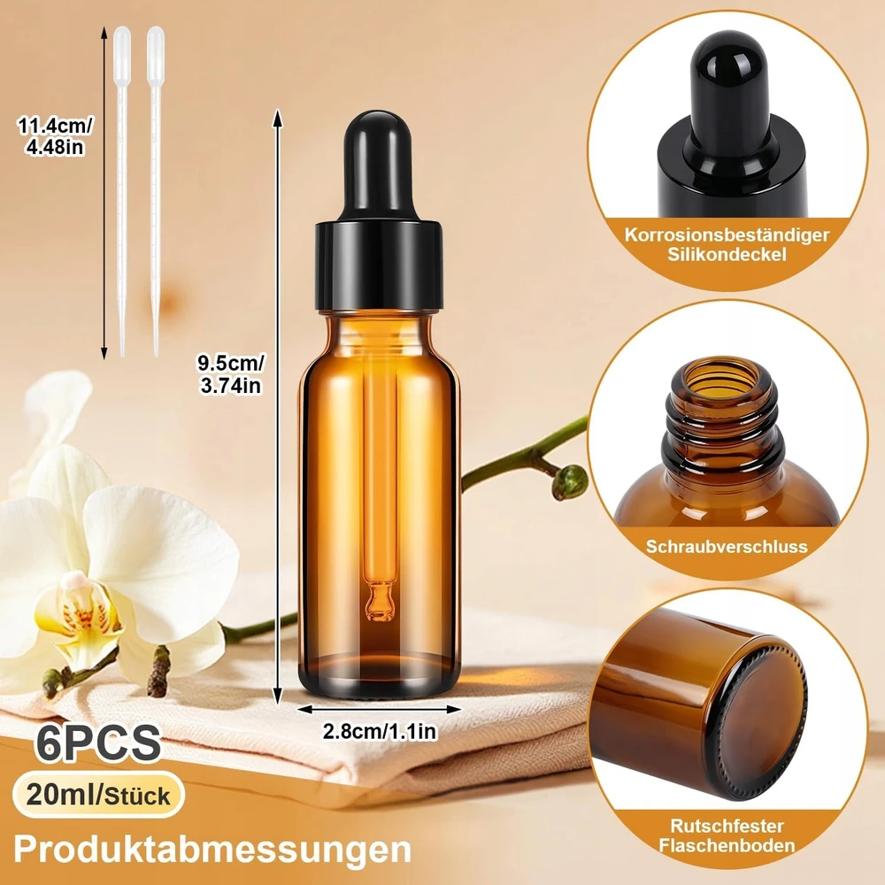 LAŠINĖLIS 20ML 6Vnt. STIKLINIAI ALIEJAI ATSPARUOJANTIS DAUGkartinio naudojimo Gintaro spalvos