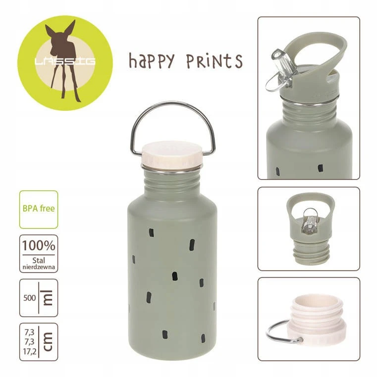Lassig Nerūdijančio plieno butelis su užsukamu dangteliu ir snapeliu 500ml Happy Prints