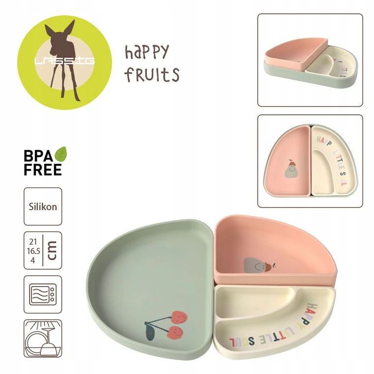 Lassig Silikoninių indų rinkinys 3 vnt. Lėkštė + 2 „Happy Fruit“ dubenys