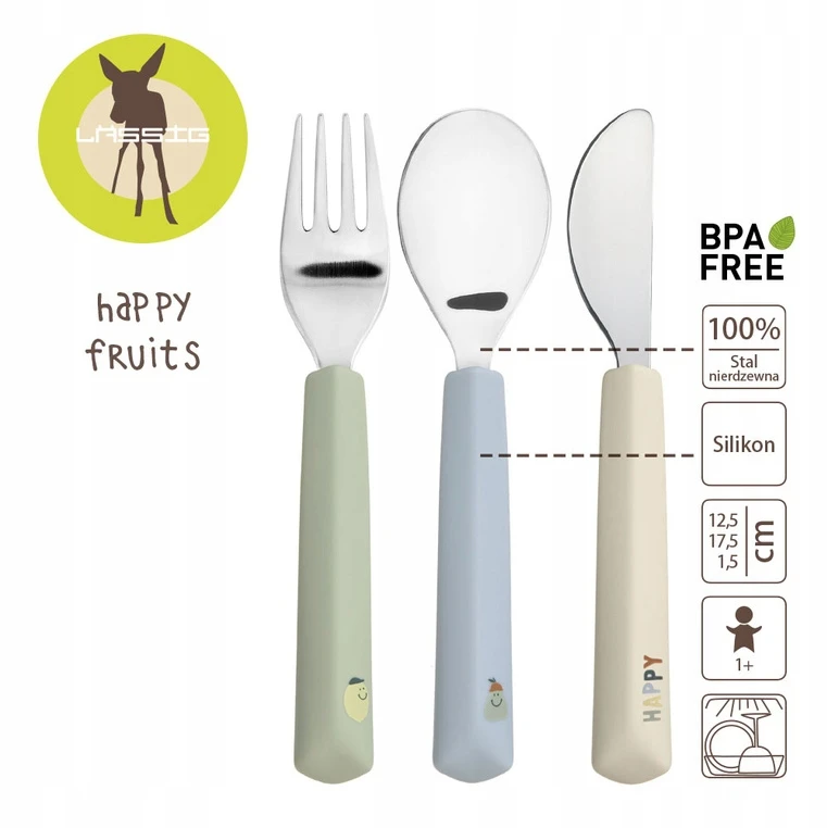 Lassig stalo įrankiai vaikams 3 vnt. pagamintas iš plieno silikono Rankena Happy Fruits 12m+
