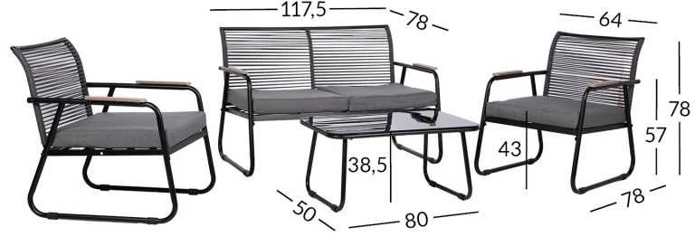 Home4You Lauko baldų komplektas MACOS Sofa, stalas ir 2 kėdės Pilka/Juoda