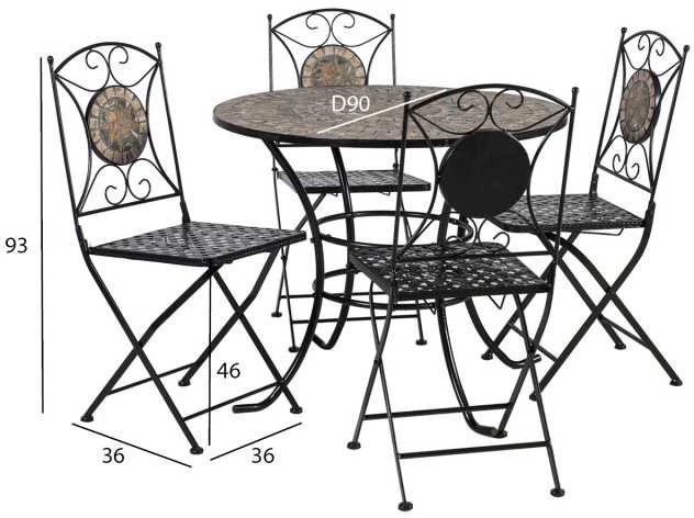 Lauko baldų komplektas Home4You Sodo baldų komplektas MOSAIC stalas ir 4 kėdės (38665), metalinis rėmas, spalva: juoda