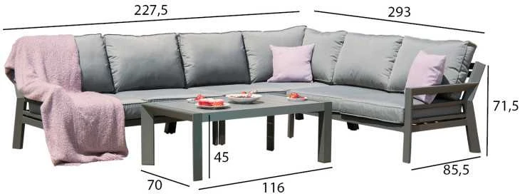 Home4You Lauko baldų komplektas TOMSON stalas ir kampinė sofa, pilkos spalvos