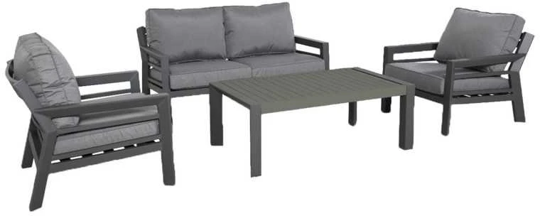 Lauko baldų komplektas Home4You Sodo baldų komplektas TOMSON stalas, sofa ir 2 kėdės, rėmas: aliumininis, pagalvėlės: pilkos