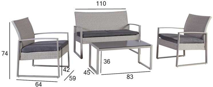 Lauko baldų komplektas Home4You Komplektas VICTORIA su pagalvėlėmis, stalas, sofa ir 2 foteliai, rėmas: plienas su sintetine vytele, spalva: pilka